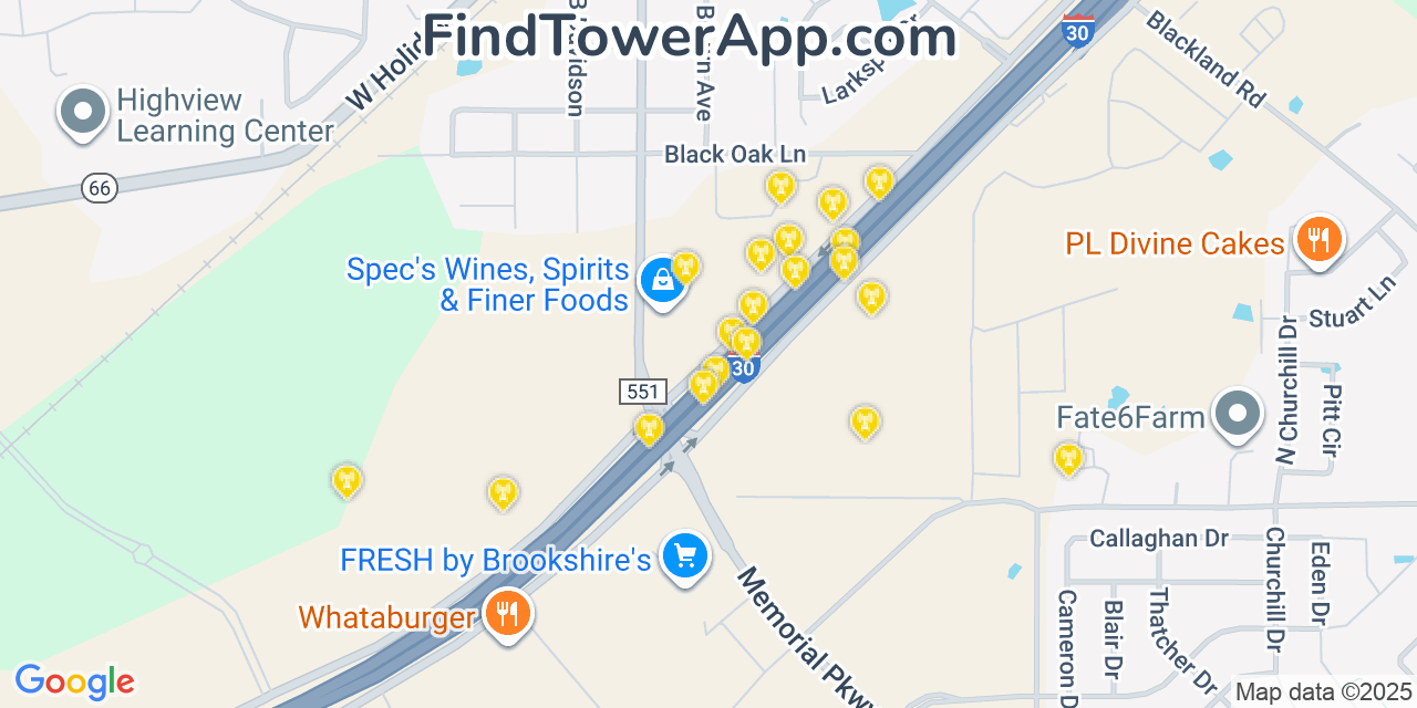 Map showing the 20 primary cell tower locations detected in Fate, Texas from AT&T, Verizon, and T-Mobile networks