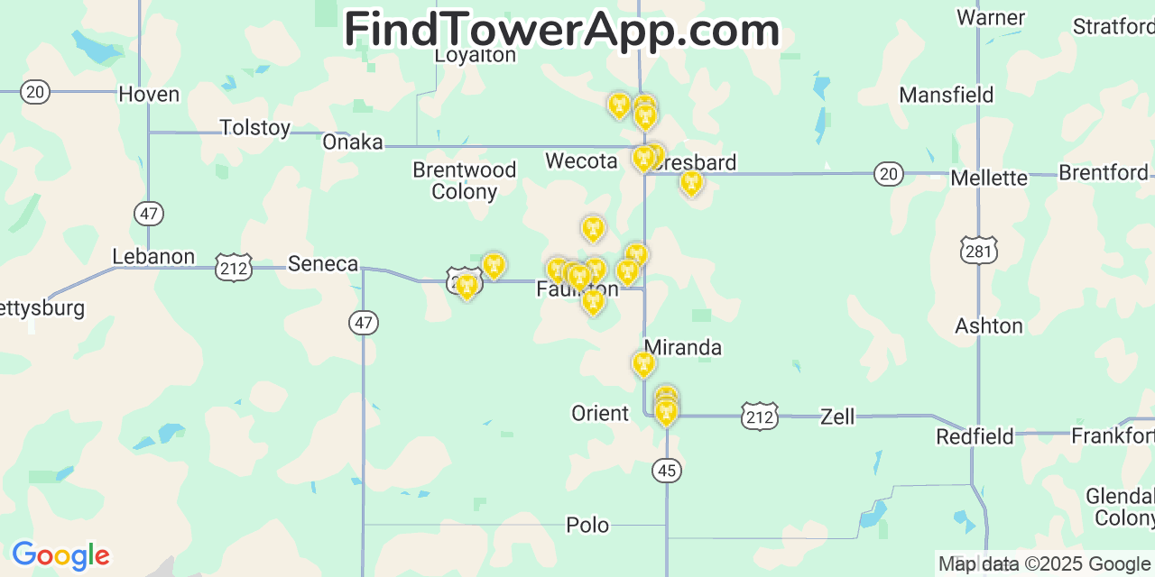 Map showing the 20 primary cell tower locations detected in Faulkton, South Dakota from AT&T, Verizon, and T-Mobile networks