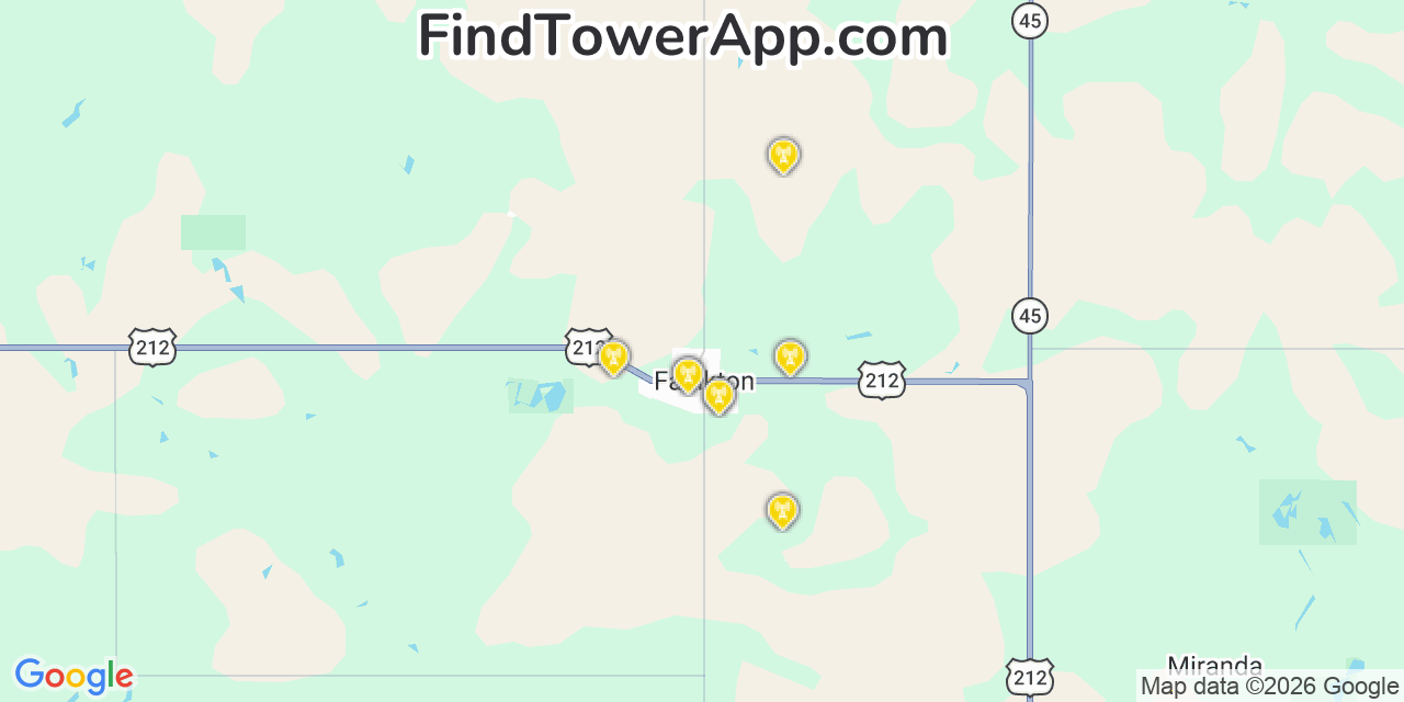 Map showing the 20 primary cell tower locations detected in Faulkton, South Dakota from AT&T, Verizon, and T-Mobile networks