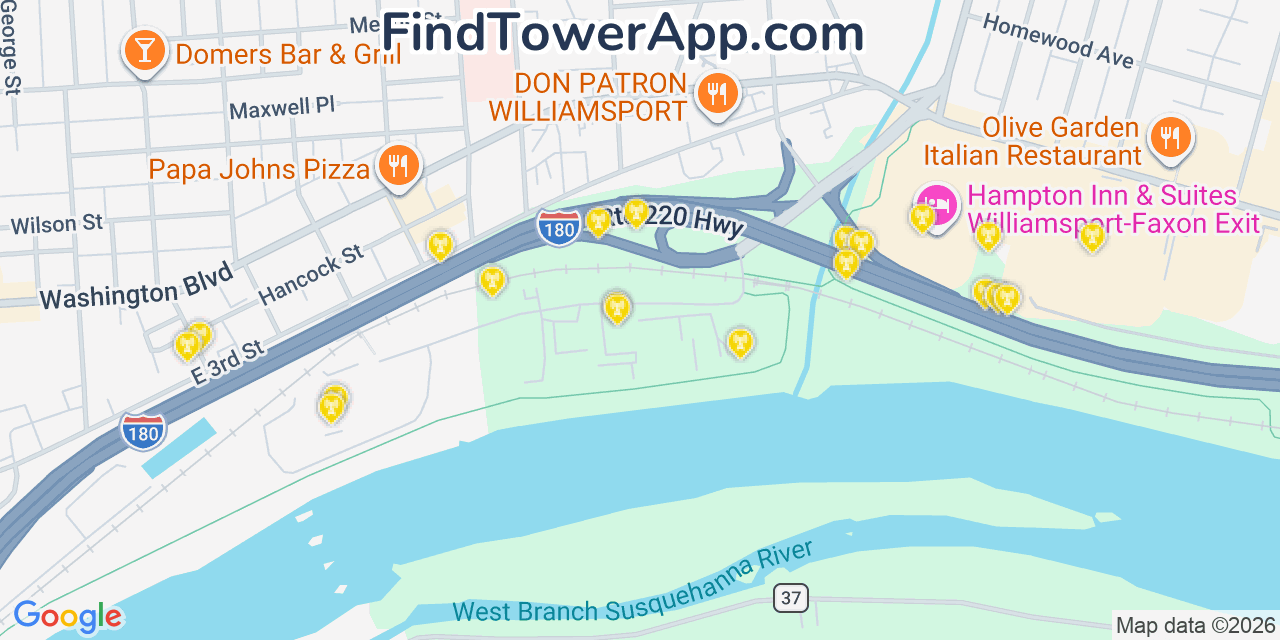 Map showing the 20 primary cell tower locations detected in Faxon, Pennsylvania from AT&T, Verizon, and T-Mobile networks