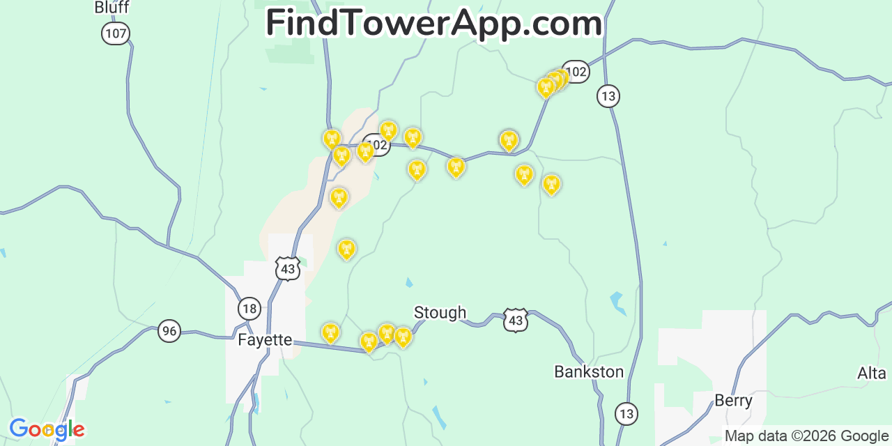 Map showing the 20 primary cell tower locations detected in Fayette, Alabama from AT&T, Verizon, and T-Mobile networks