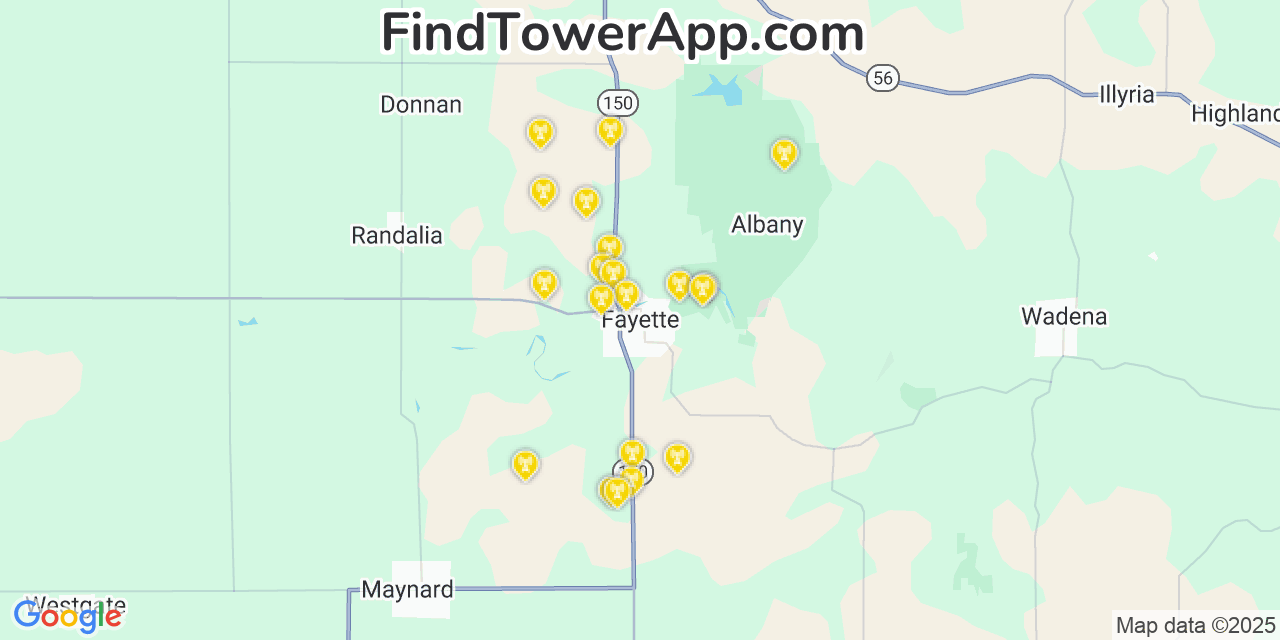 Map showing the 20 primary cell tower locations detected in Fayette, Iowa from AT&T, Verizon, and T-Mobile networks