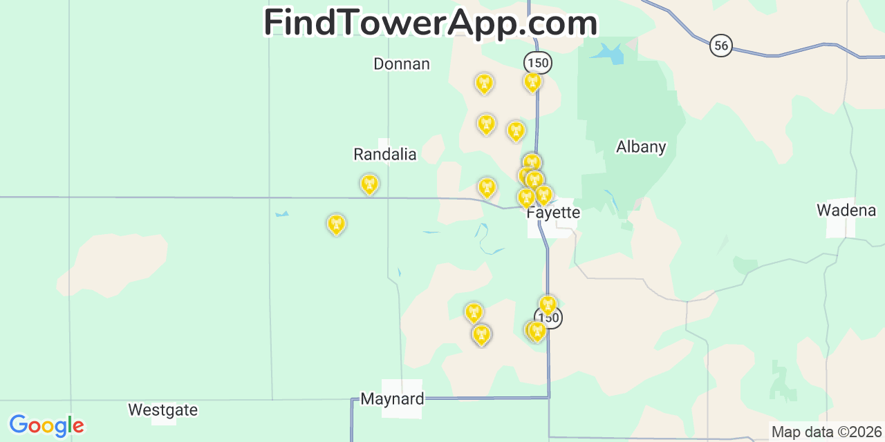 Map showing the 20 primary cell tower locations detected in Fayette, Iowa from AT&T, Verizon, and T-Mobile networks