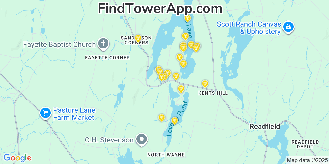 Map showing the 20 primary cell tower locations detected in Fayette, Maine from AT&T, Verizon, and T-Mobile networks