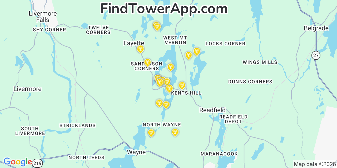 Map showing the 20 primary cell tower locations detected in Fayette, Maine from AT&T, Verizon, and T-Mobile networks