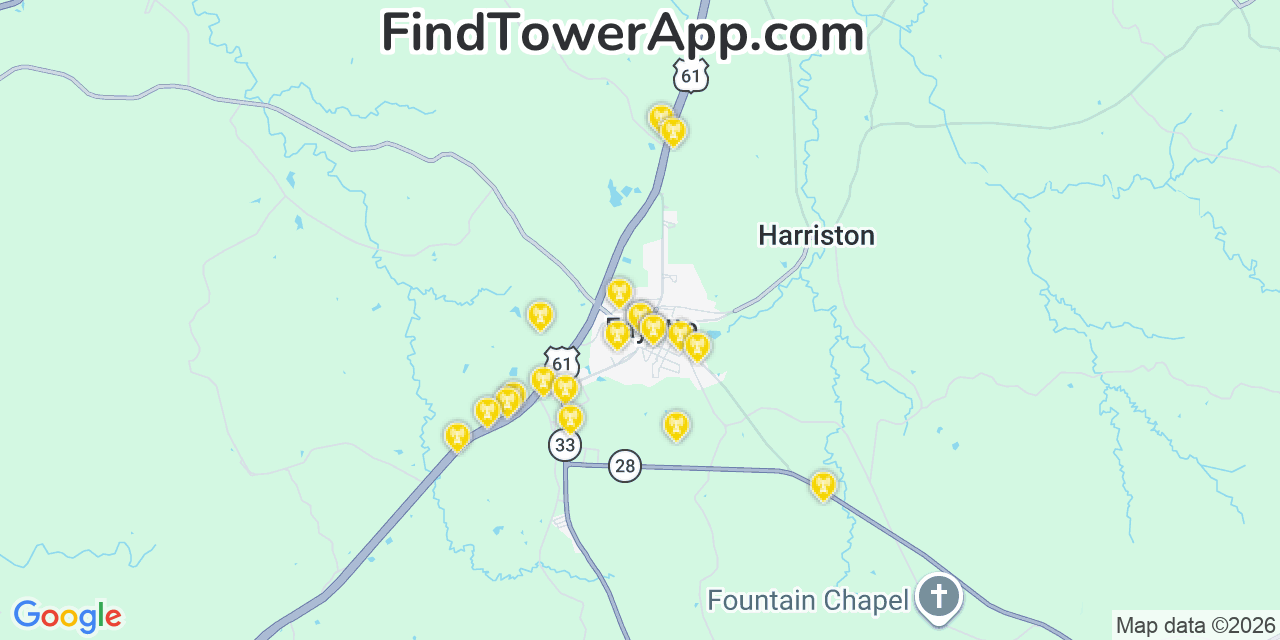Map showing the 20 primary cell tower locations detected in Fayette, Mississippi from AT&T, Verizon, and T-Mobile networks