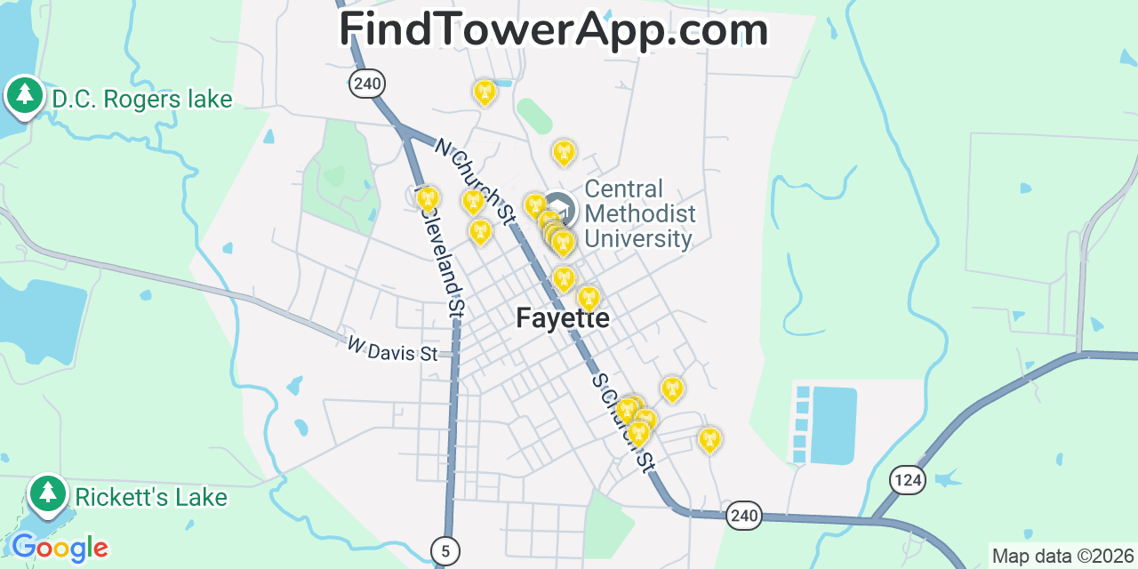 Map showing the 20 primary cell tower locations detected in Fayette, Missouri from AT&T, Verizon, and T-Mobile networks