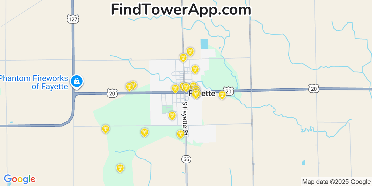 Map showing the 20 primary cell tower locations detected in Fayette, Ohio from AT&T, Verizon, and T-Mobile networks