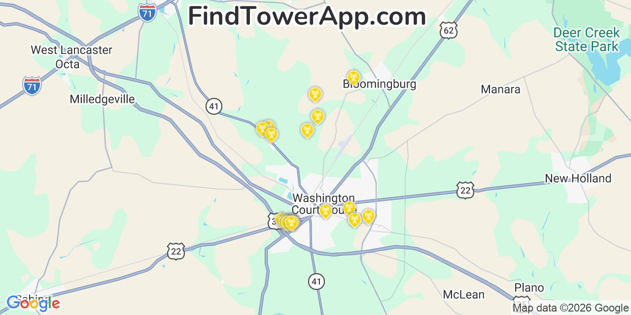 Map showing the 20 primary cell tower locations detected in Fayette, Ohio from AT&T, Verizon, and T-Mobile networks