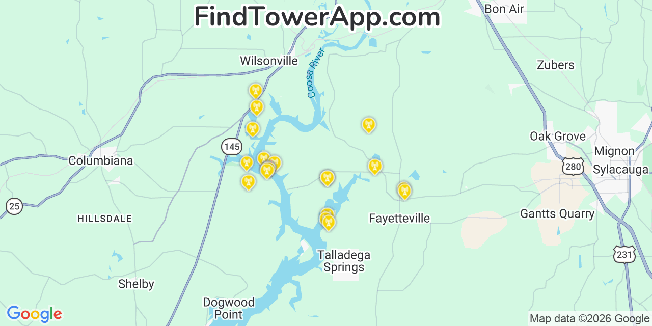 Map showing the 20 primary cell tower locations detected in Fayetteville, Alabama from AT&T, Verizon, and T-Mobile networks