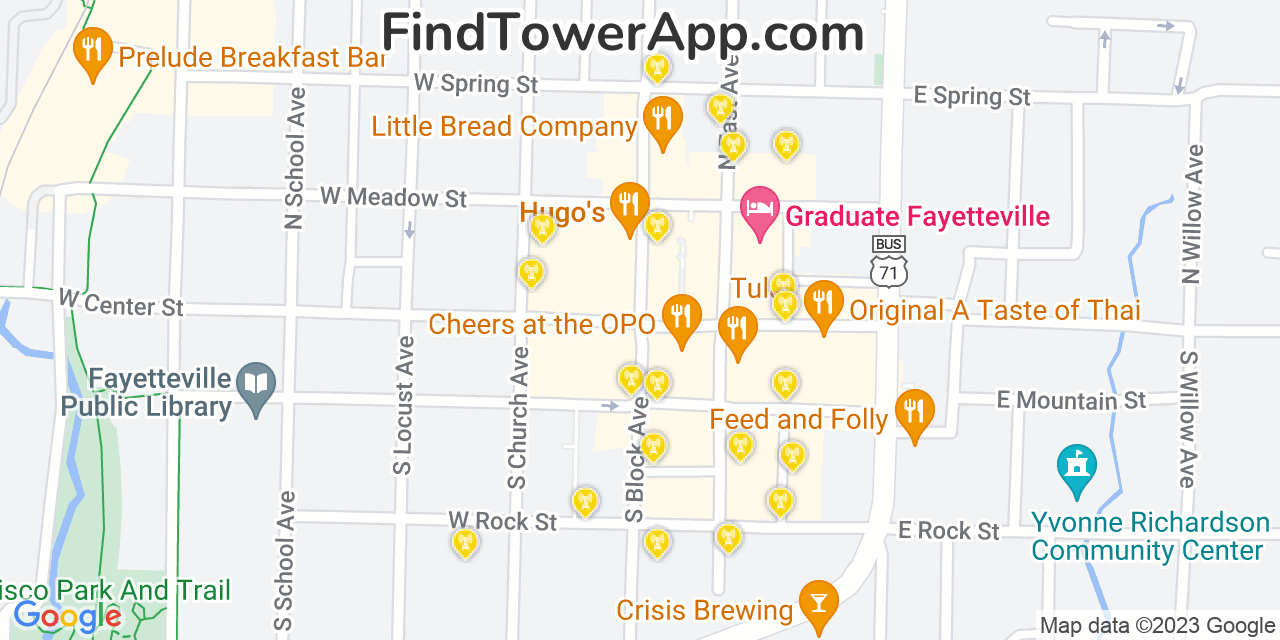 AT&T 4G/5G cell tower coverage map Fayetteville, Arkansas