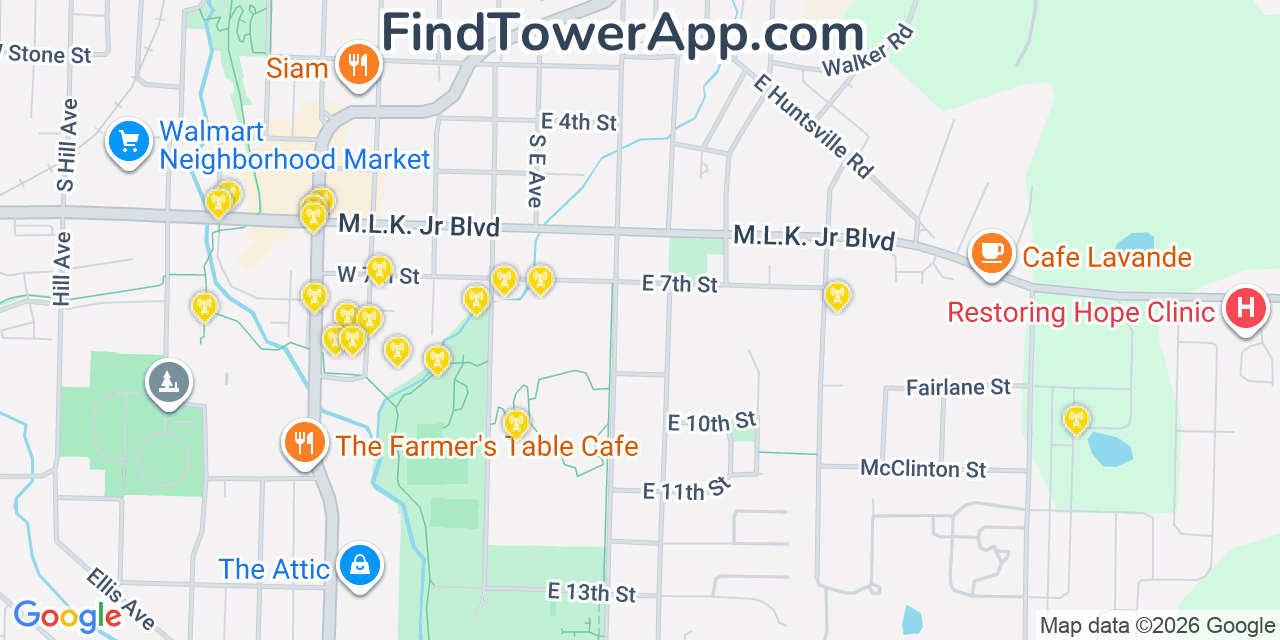 Map showing the 20 primary cell tower locations detected in Fayetteville, Arkansas from AT&T, Verizon, and T-Mobile networks