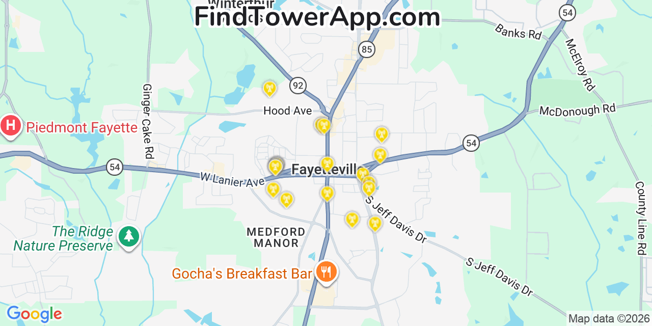 Map showing the 20 primary cell tower locations detected in Fayetteville, Georgia from AT&T, Verizon, and T-Mobile networks
