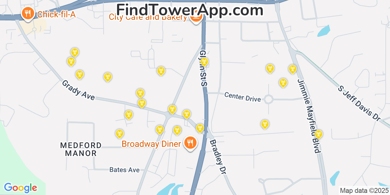 Map showing the 20 primary Mobitel cell tower locations detected in Fayetteville, Georgia with coverage radius and signal strength indicators
