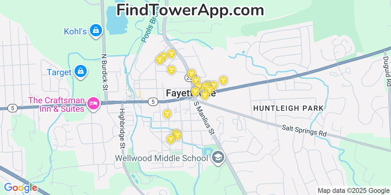 Map showing the 20 primary cell tower locations detected in Fayetteville, New York from AT&T, Verizon, and T-Mobile networks