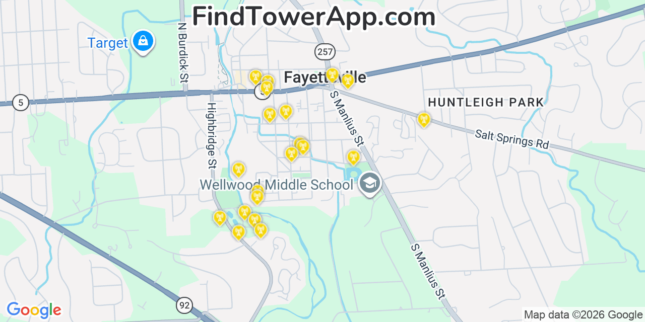Map showing the 20 primary cell tower locations detected in Fayetteville, New York from AT&T, Verizon, and T-Mobile networks