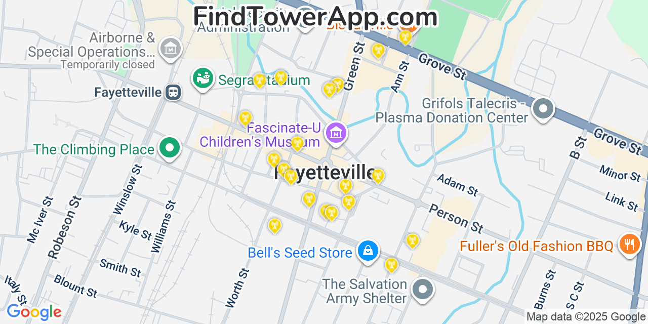Map showing the 20 primary cell tower locations detected in Fayetteville, North Carolina from AT&T, Verizon, and T-Mobile networks