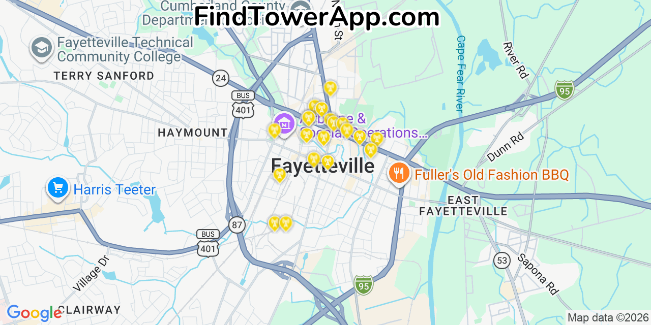 Map showing the 20 primary cell tower locations detected in Fayetteville, North Carolina from AT&T, Verizon, and T-Mobile networks