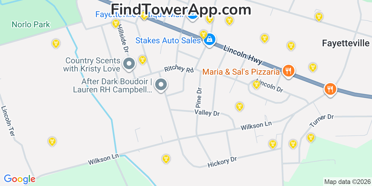 Map showing the 20 primary cell tower locations detected in Fayetteville, Pennsylvania from AT&T, Verizon, and T-Mobile networks