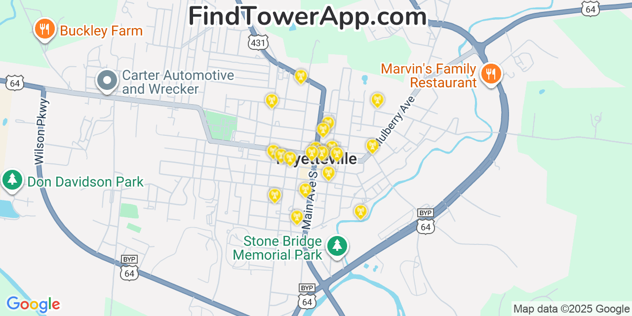 Map showing the 20 primary cell tower locations detected in Fayetteville, Tennessee from AT&T, Verizon, and T-Mobile networks