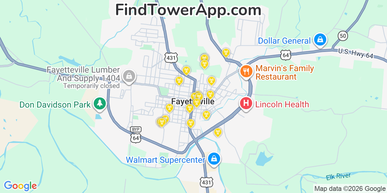 Map showing the 20 primary cell tower locations detected in Fayetteville, Tennessee from AT&T, Verizon, and T-Mobile networks