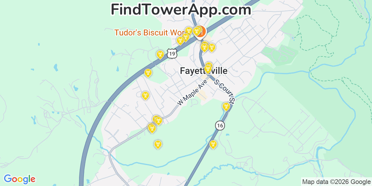 Map showing the 20 primary cell tower locations detected in Fayetteville, West Virginia from AT&T, Verizon, and T-Mobile networks
