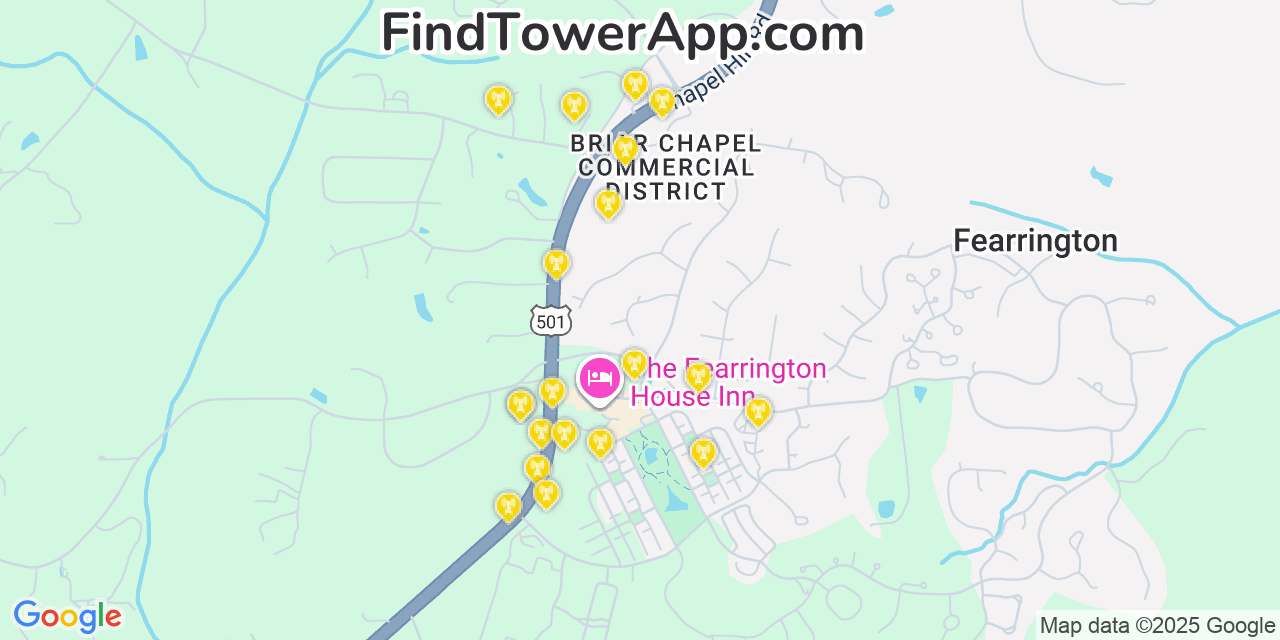Map showing the 20 primary cell tower locations detected in Fearrington Village, North Carolina from AT&T, Verizon, and T-Mobile networks