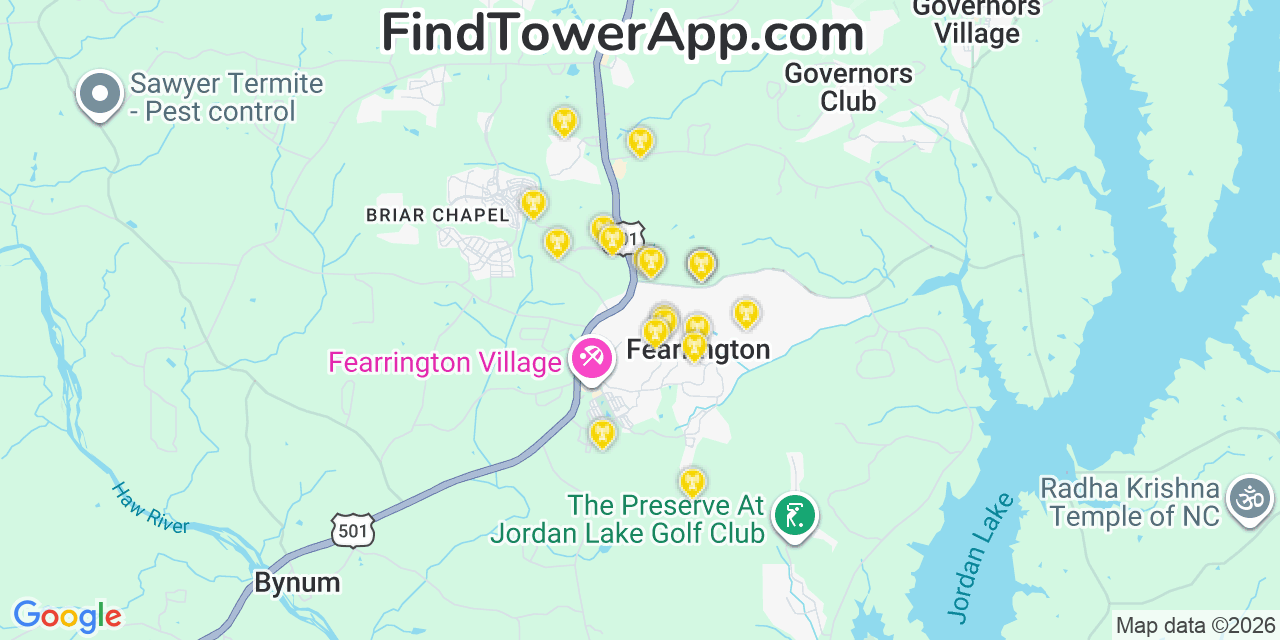 Map showing the 20 primary cell tower locations detected in Fearrington Village, North Carolina from AT&T, Verizon, and T-Mobile networks