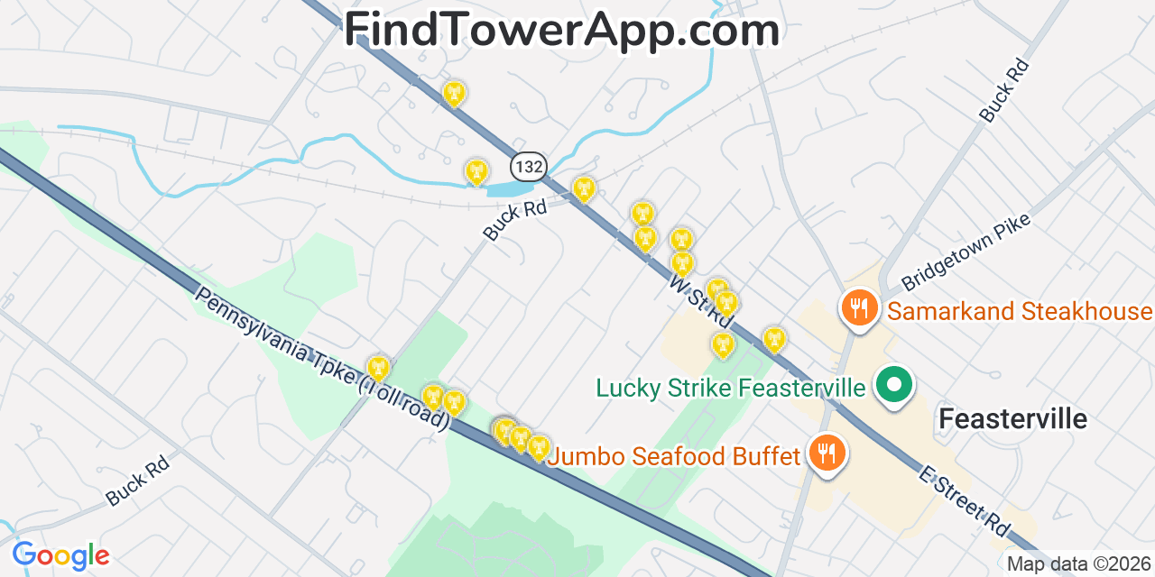 Map showing the 20 primary cell tower locations detected in Feasterville, Pennsylvania from AT&T, Verizon, and T-Mobile networks
