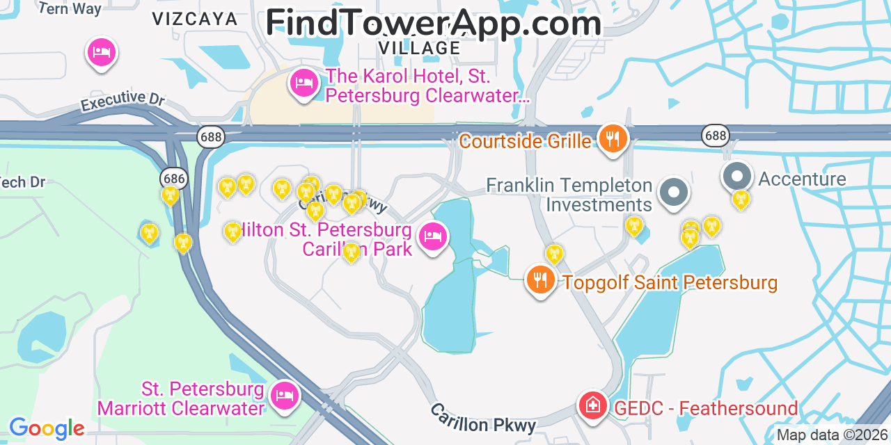 Map showing the 20 primary cell tower locations detected in Feather Sound, Florida from AT&T, Verizon, and T-Mobile networks