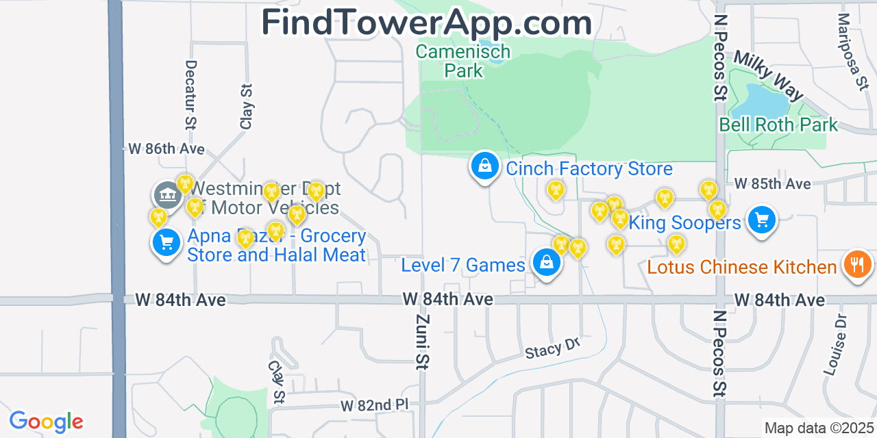 Map showing the 20 primary cell tower locations detected in Federal Heights, Colorado from AT&T, Verizon, and T-Mobile networks