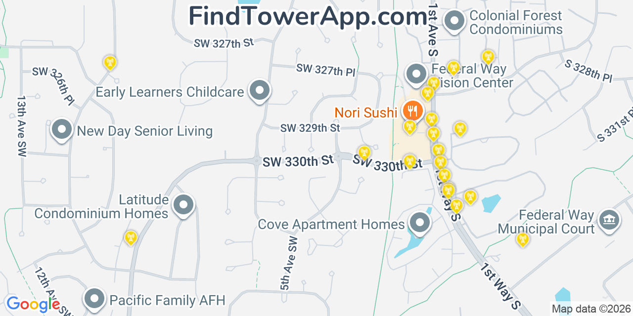 Map showing the 20 primary cell tower locations detected in Federal Way, Washington from AT&T, Verizon, and T-Mobile networks