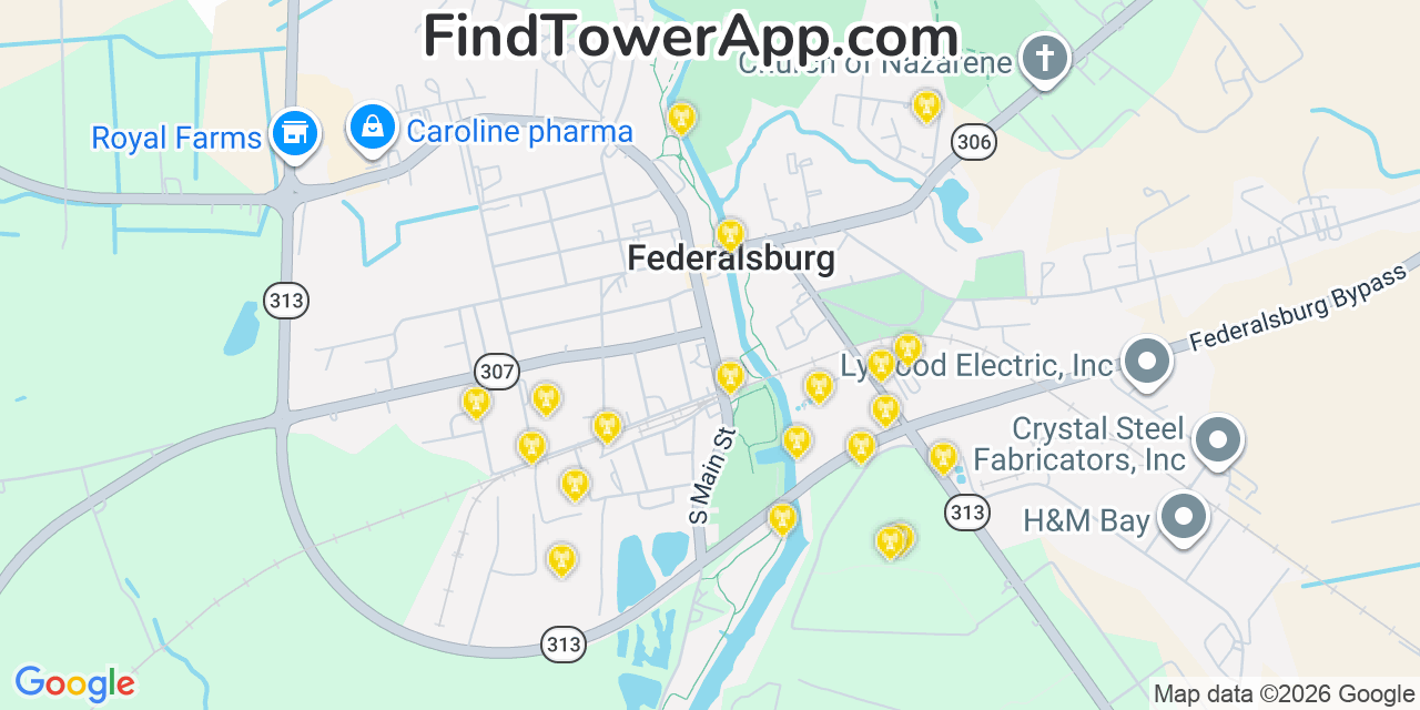 Map showing the 20 primary cell tower locations detected in Federalsburg, Maryland from AT&T, Verizon, and T-Mobile networks