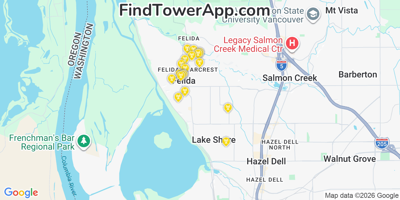 Map showing the 20 primary cell tower locations detected in Felida, Washington from AT&T, Verizon, and T-Mobile networks