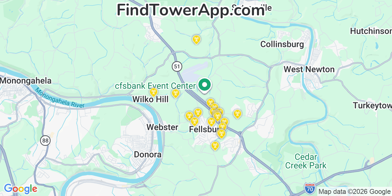 Map showing the 20 primary cell tower locations detected in Fellsburg, Pennsylvania from AT&T, Verizon, and T-Mobile networks