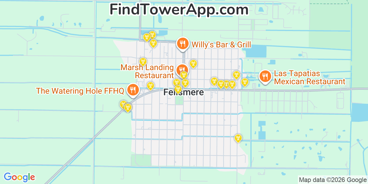 Map showing the 20 primary cell tower locations detected in Fellsmere, Florida from AT&T, Verizon, and T-Mobile networks