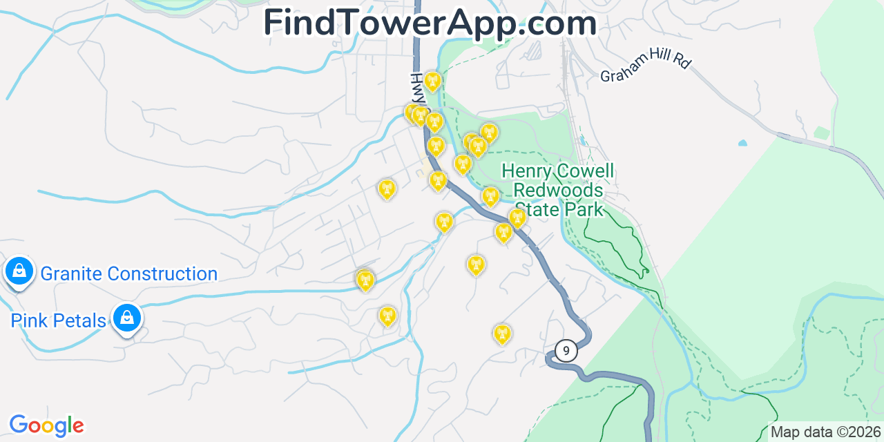 Map showing the 20 primary cell tower locations detected in Felton, California from AT&T, Verizon, and T-Mobile networks