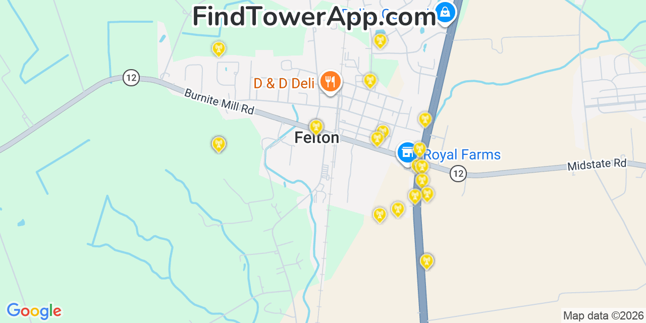 Map showing the 20 primary cell tower locations detected in Felton, Delaware from AT&T, Verizon, and T-Mobile networks