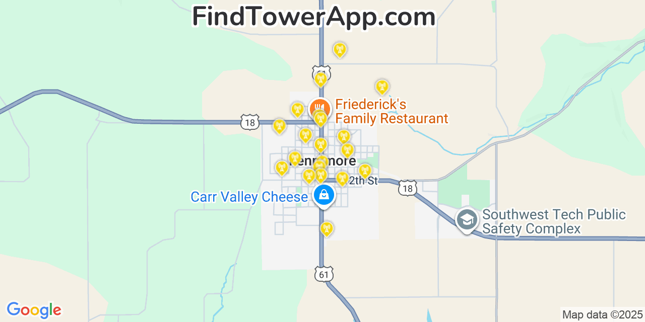Map showing the 20 primary cell tower locations detected in Fennimore, Wisconsin from AT&T, Verizon, and T-Mobile networks