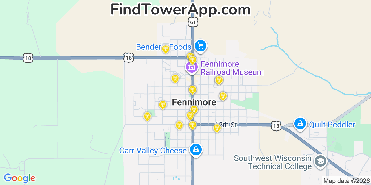 Map showing the 20 primary cell tower locations detected in Fennimore, Wisconsin from AT&T, Verizon, and T-Mobile networks