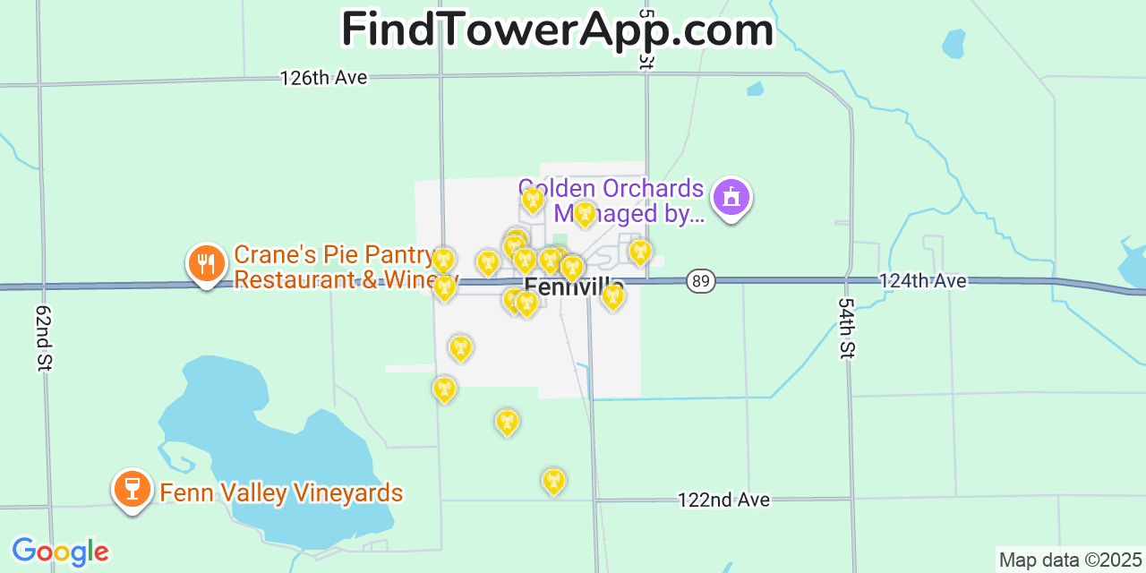 Map showing the 20 primary cell tower locations detected in Fennville, Michigan from AT&T, Verizon, and T-Mobile networks