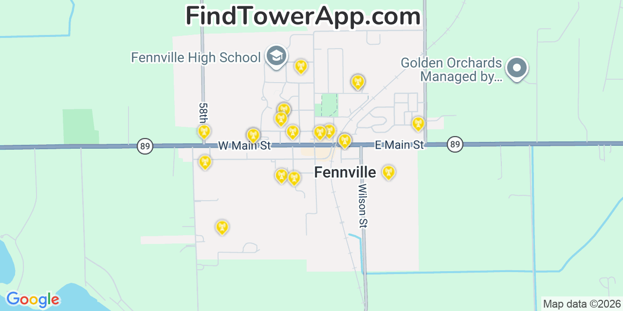 Map showing the 20 primary cell tower locations detected in Fennville, Michigan from AT&T, Verizon, and T-Mobile networks