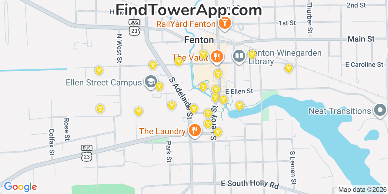 Map showing the 20 primary cell tower locations detected in Fenton, Michigan from AT&T, Verizon, and T-Mobile networks