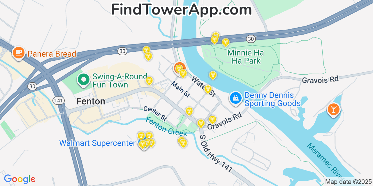 Map showing the 20 primary cell tower locations detected in Fenton, Missouri from AT&T, Verizon, and T-Mobile networks