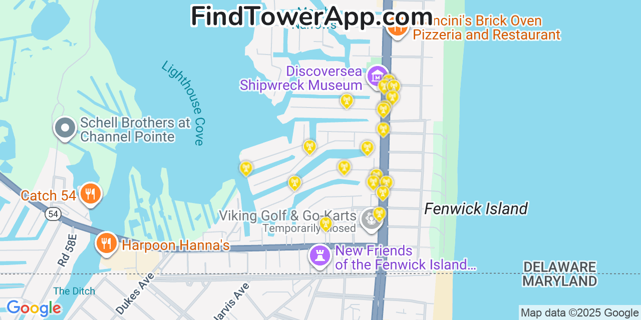 Map showing the 20 primary cell tower locations detected in Fenwick Island, Delaware from AT&T, Verizon, and T-Mobile networks