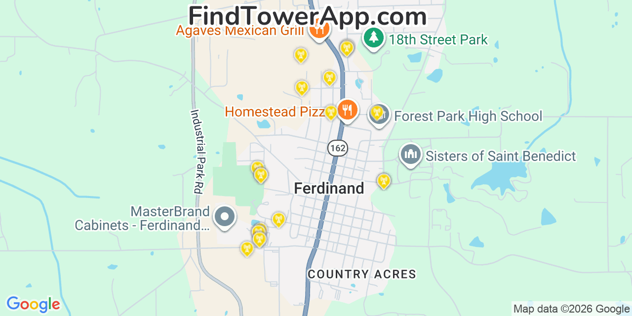Map showing the 20 primary cell tower locations detected in Ferdinand, Indiana from AT&T, Verizon, and T-Mobile networks