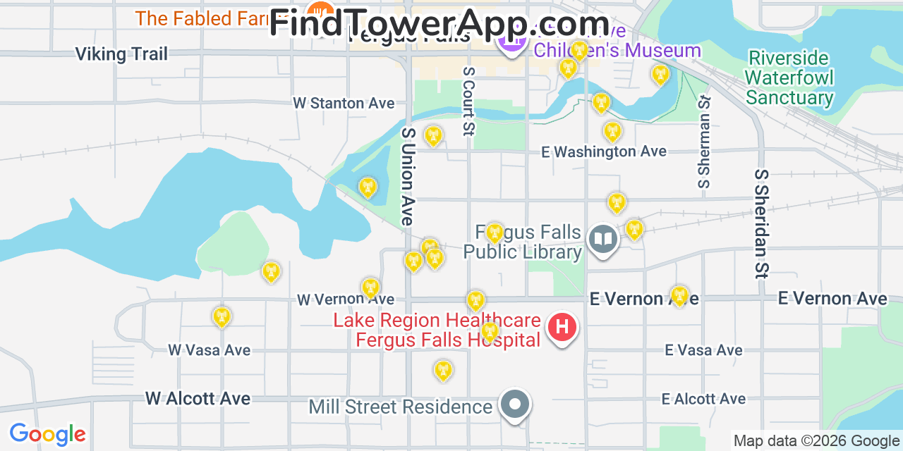 Map showing the 20 primary cell tower locations detected in Fergus Falls, Minnesota from AT&T, Verizon, and T-Mobile networks