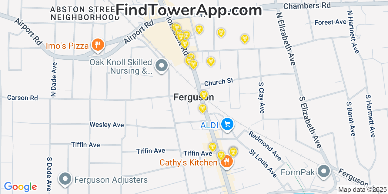 Map showing the 20 primary cell tower locations detected in Ferguson, Missouri from AT&T, Verizon, and T-Mobile networks