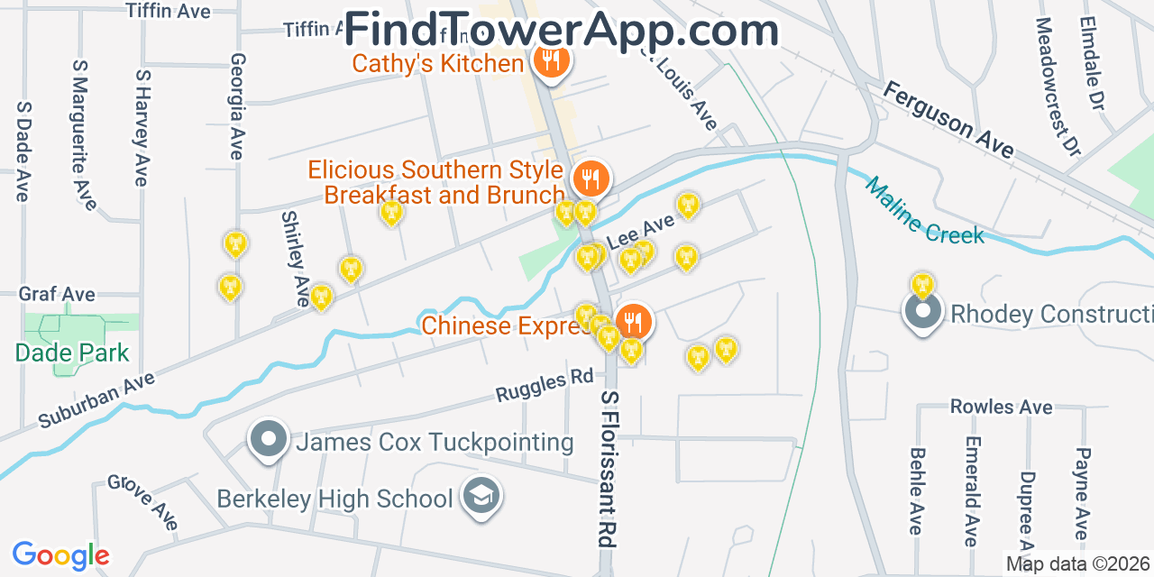 Map showing the 20 primary cell tower locations detected in Ferguson, Missouri from AT&T, Verizon, and T-Mobile networks