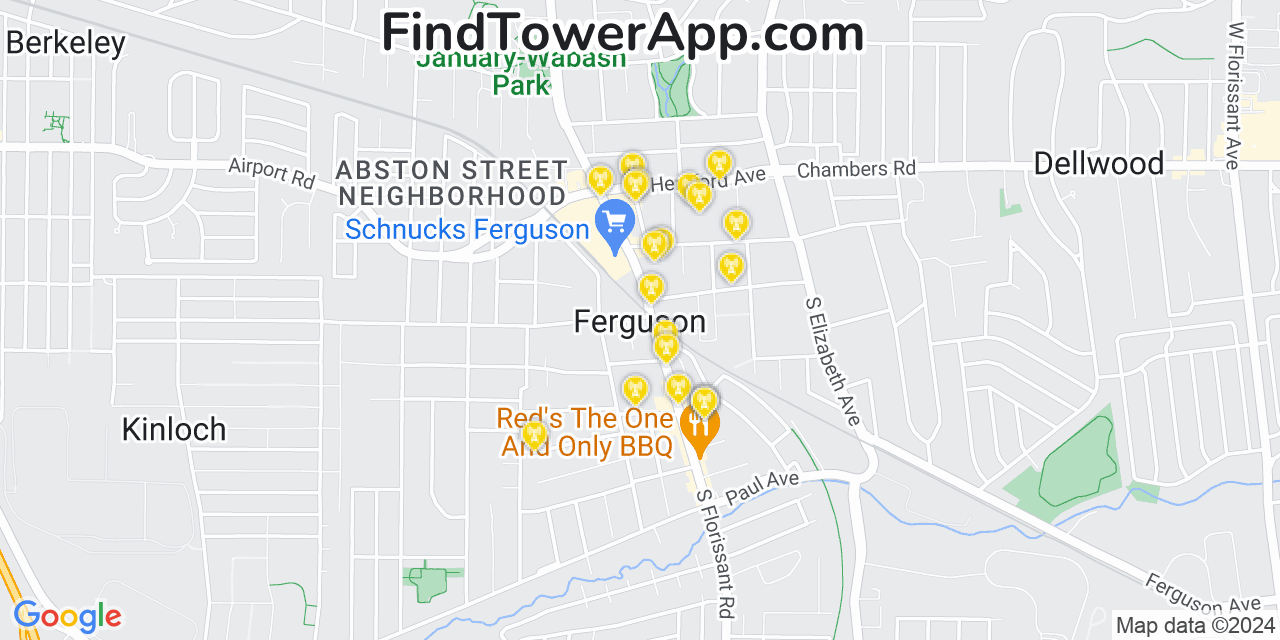 Verizon 4G/5G cell tower coverage map Ferguson, Missouri